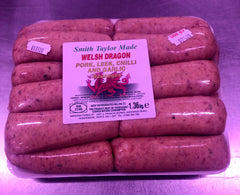 Smith Taylor Made, Welsh Dragon Sausages. Pork, Leek, Chilli & Garlic